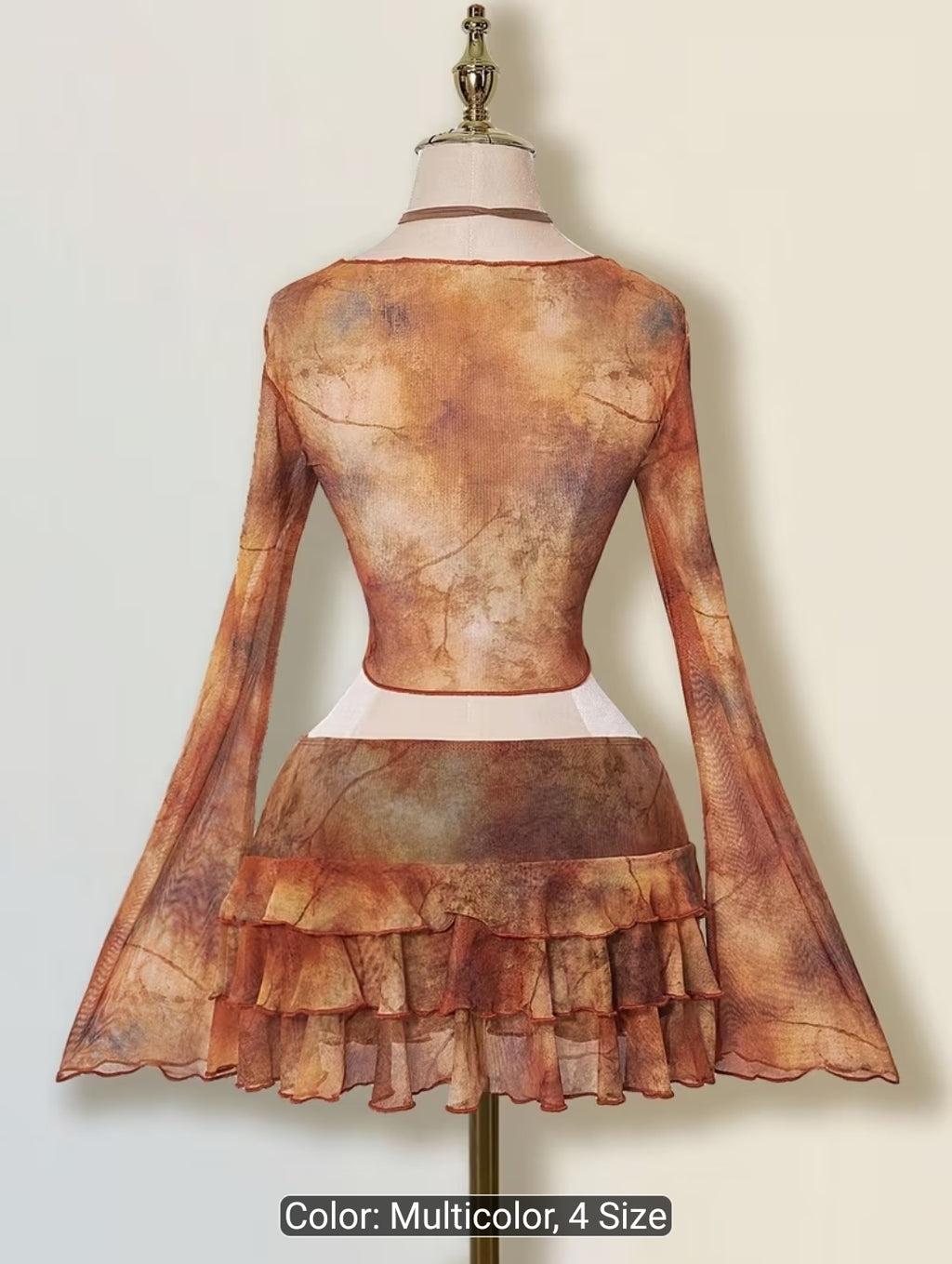 Y2K Distressed Print Mesh Cardigan & Ruffle Skirt Set