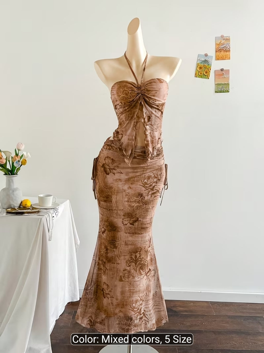 Vintage Floral Mesh Halter Top & Mermaid Skirt Set