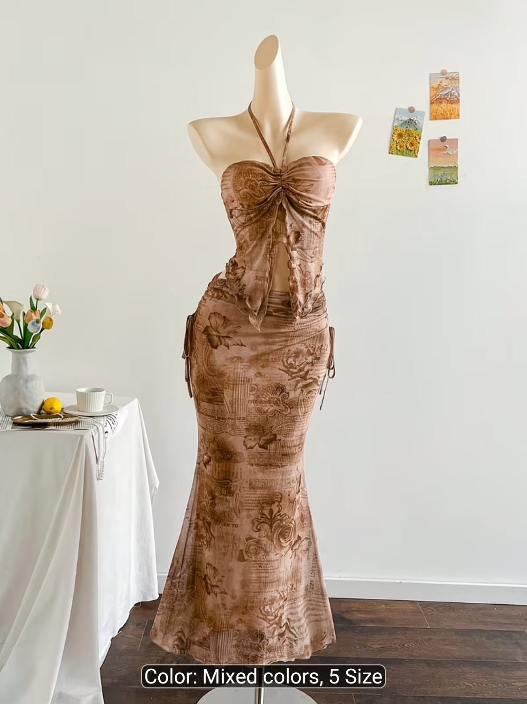 Vintage Floral Mesh Halter Top & Mermaid Skirt Set