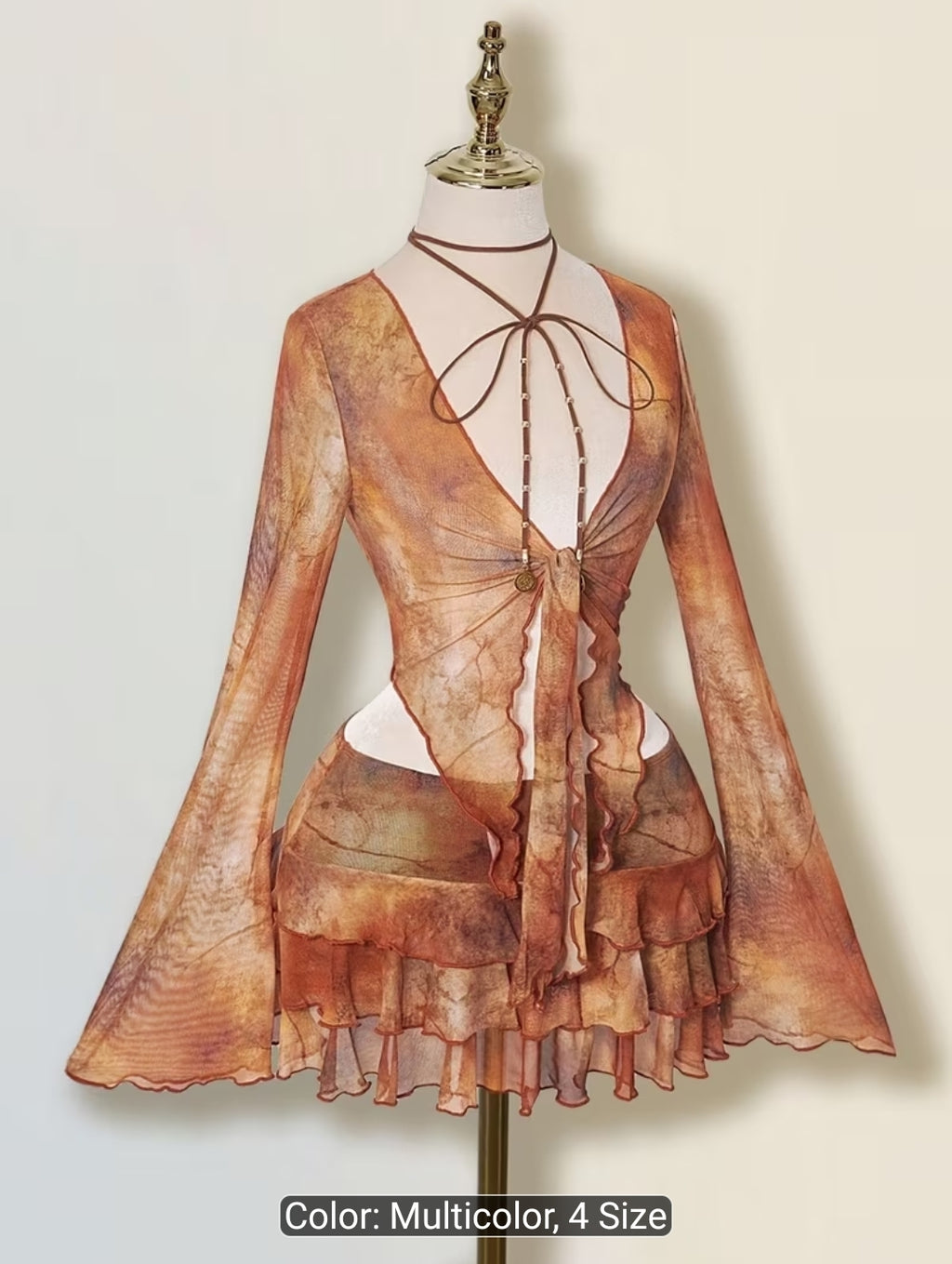 Y2K Distressed Print Mesh Cardigan & Ruffle Skirt Set