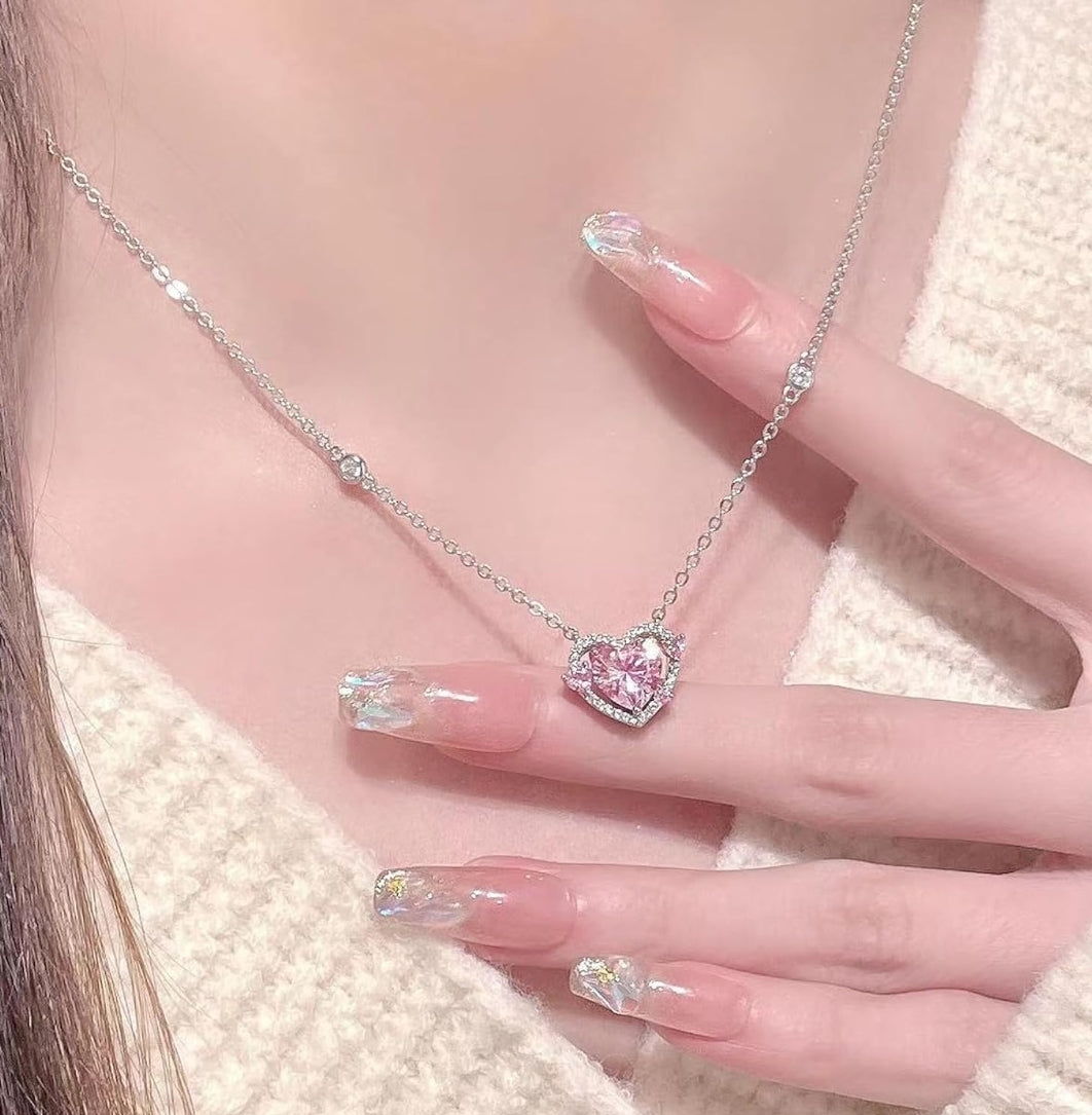 Charming Pink Heart Radiant Pendant Necklace