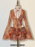 Y2K Distressed Print Mesh Cardigan & Ruffle Skirt Set