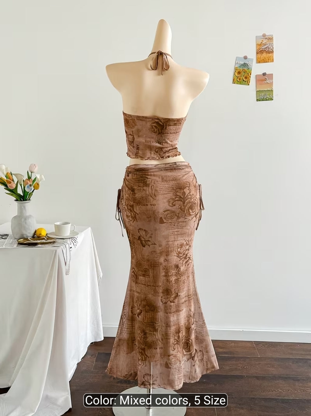 Vintage Floral Mesh Halter Top & Mermaid Skirt Set