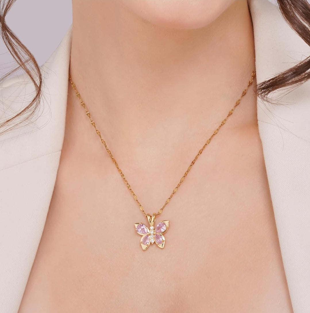 Enchanted pink crystal butterfly pendant necklace