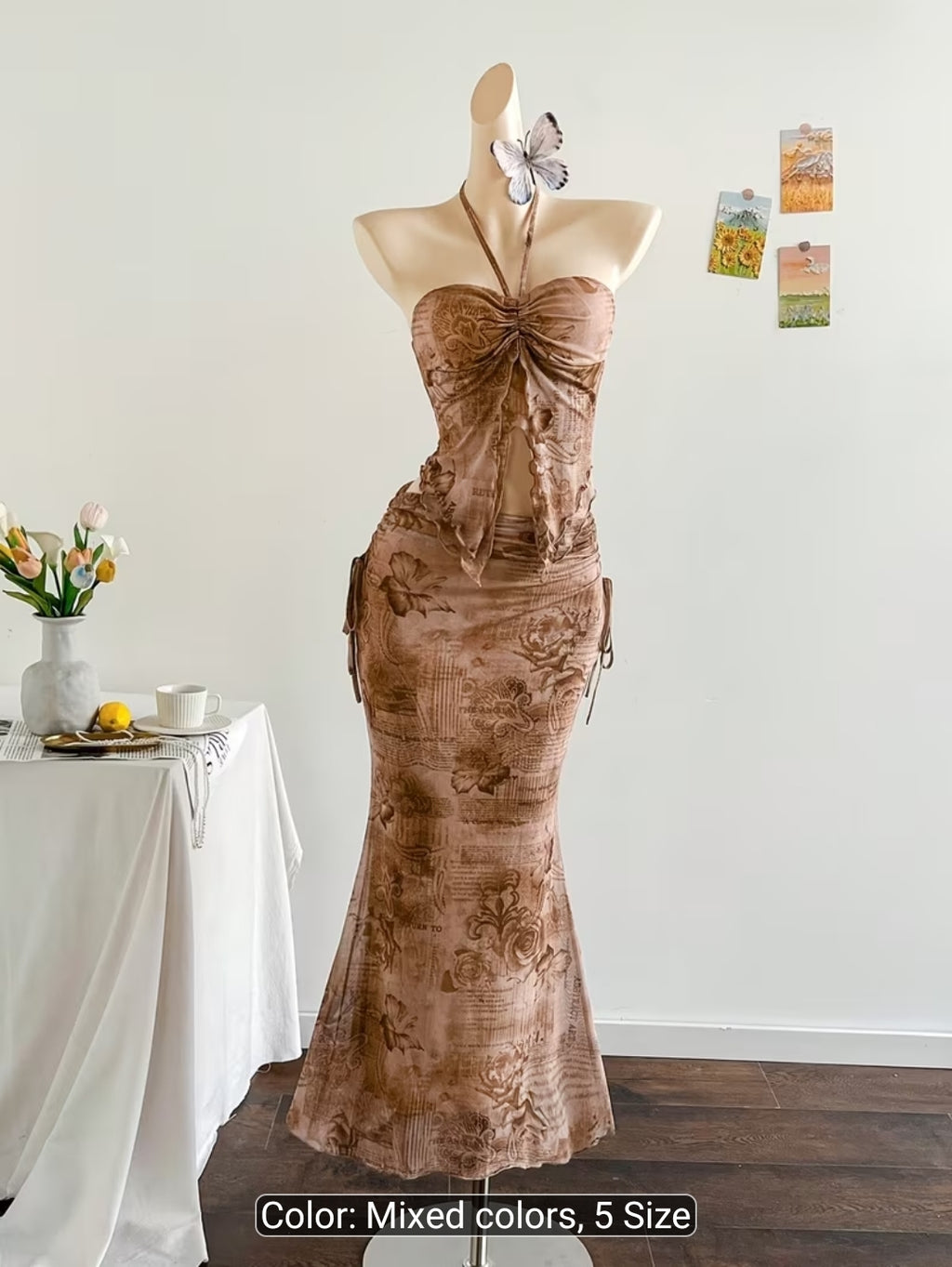 Vintage Floral Mesh Halter Top & Mermaid Skirt Set
