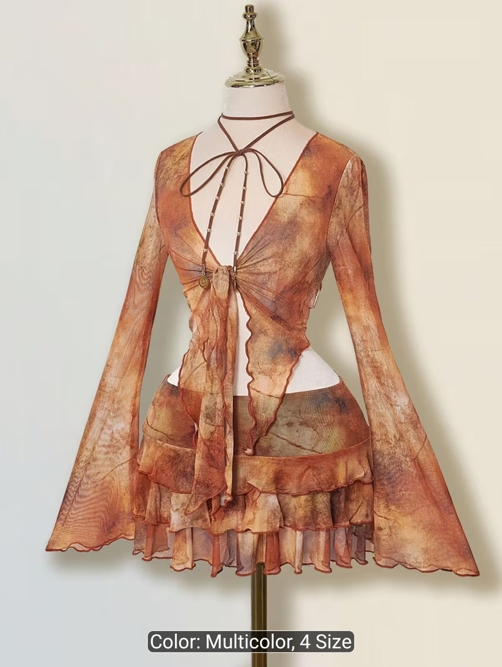 Y2K Distressed Print Mesh Cardigan & Ruffle Skirt Set