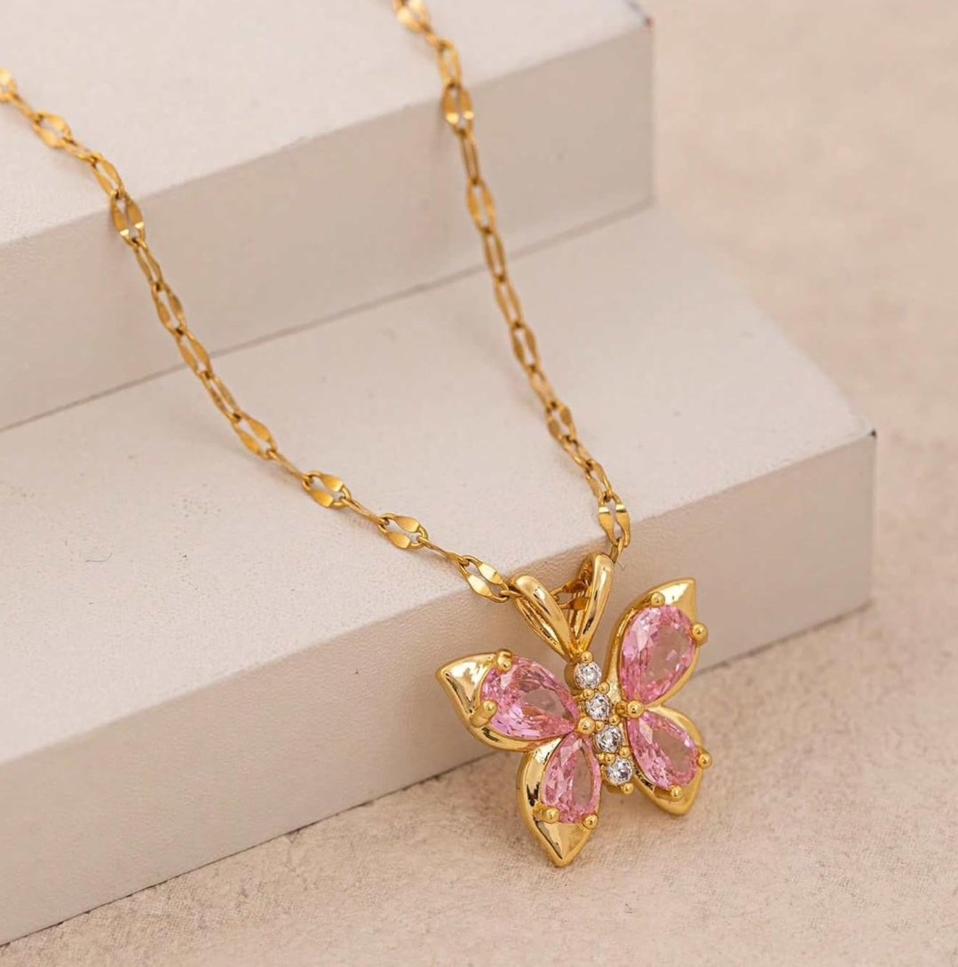 Enchanted pink crystal butterfly pendant necklace