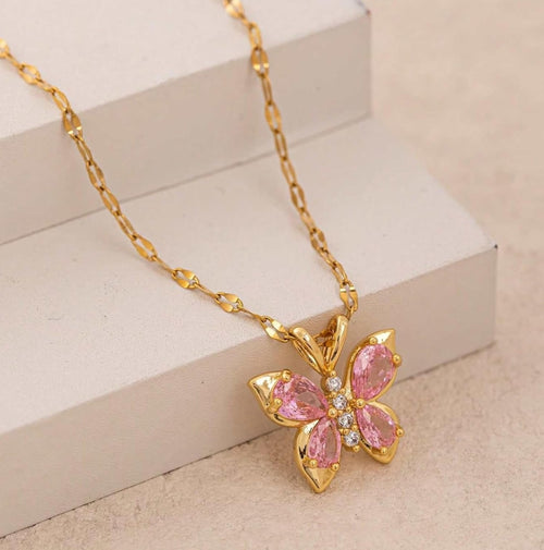 Enchanted pink crystal butterfly pendant necklace
